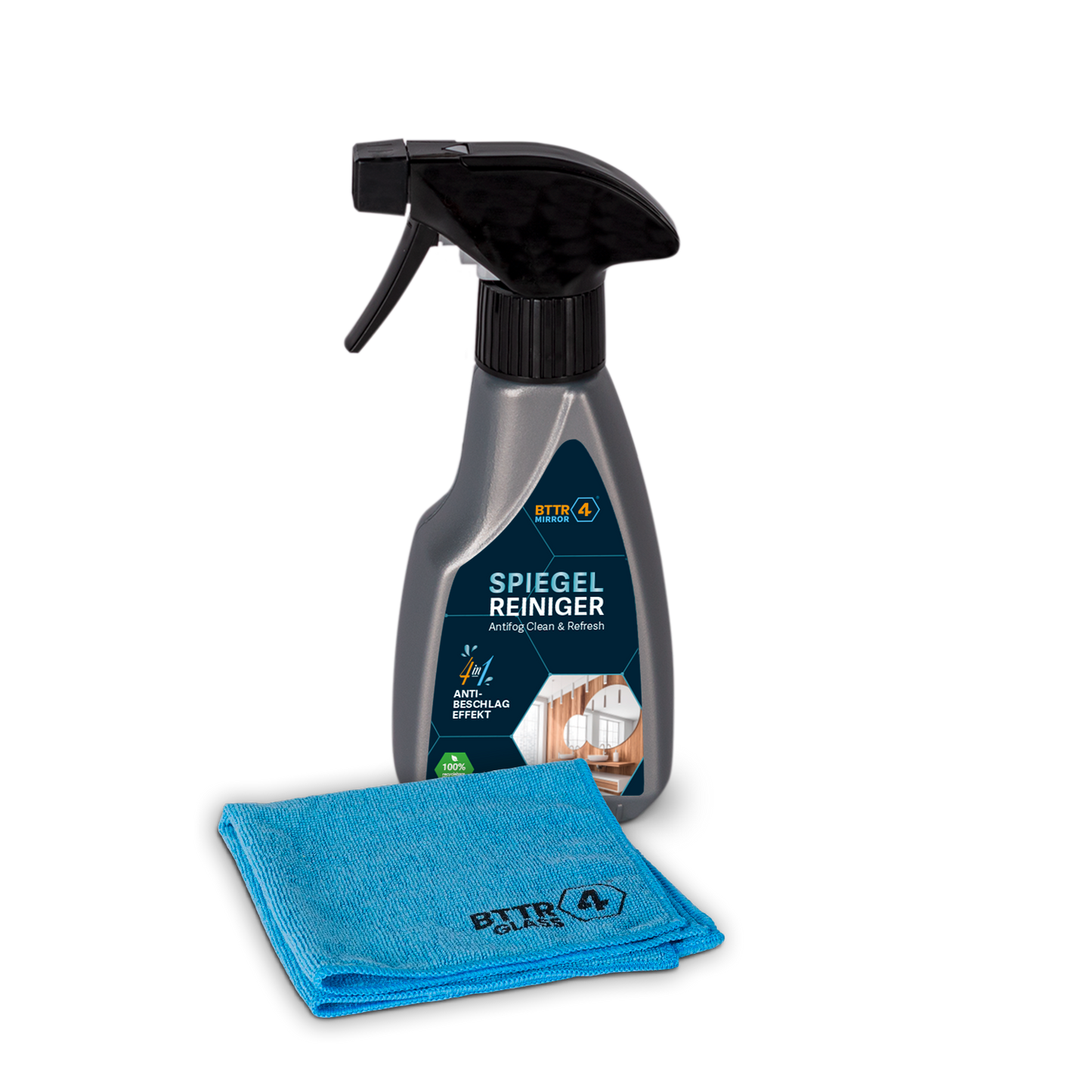 Premium Spiegel Reiniger Antifog Clean & Refresh mit Anti-Beschlag-Effekt, inkl. Mikrofasertuch