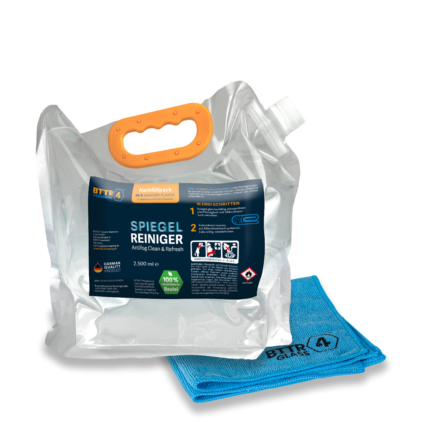 Premium Spiegel Reiniger Antifog Clean & Refresh inkl. Mikrofasertuch – NACHFÜLLPACK