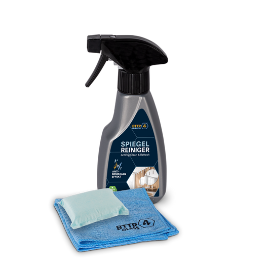Premium Spiegel Reiniger Antifog Clean & Refresh mit Anti-Beschlag-Effekt inkl. Applikationsschwamm und Mikrofasertuch